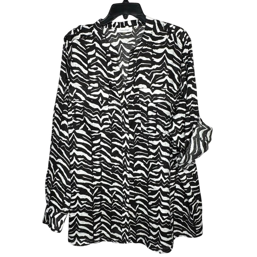 Calvin Klein 100% Linen Y2K Trendy Zebra Button Down Flowy Tunic Top Size 2X